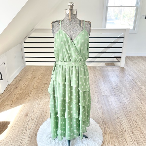 NWT XS L LC Lauren Conrad, white and mint green polkadot, midi high low dress - Picture 3 of 10